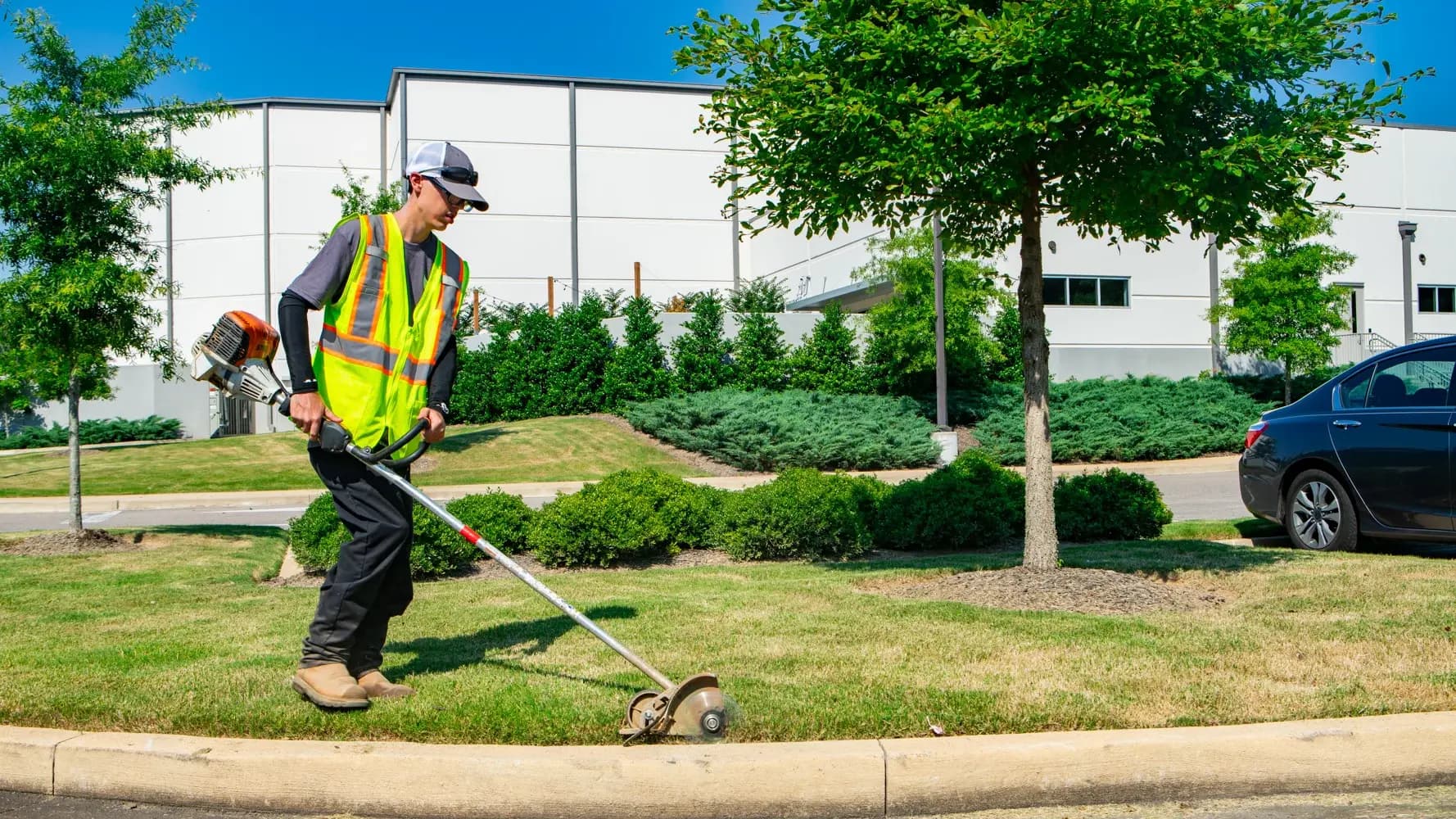 OUTLAND crew hand-edging a commercial lawn